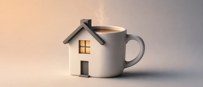 Creative coffee cup designed as small house with warm light glowing from window, symbolizing comfort and home warmth