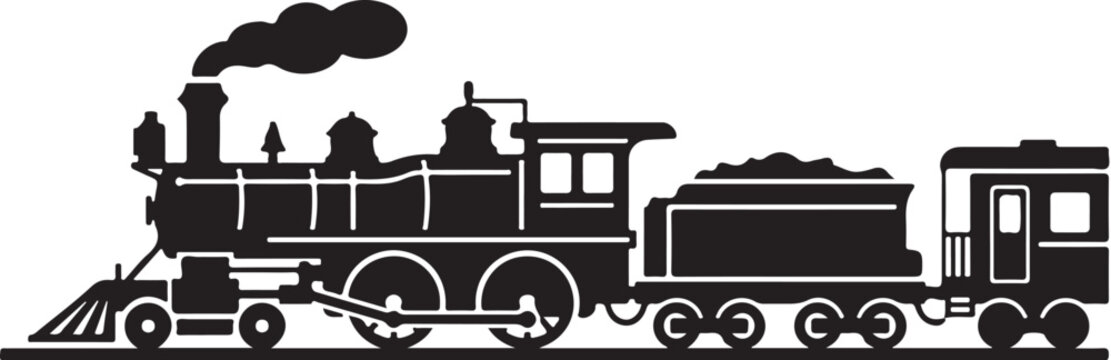 Vintage steam locomotive, black silhouette train, railway icon, transportation symbol