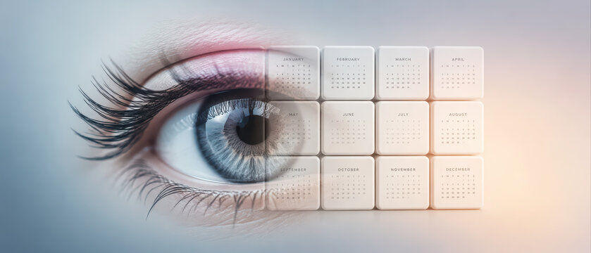 Close up eye with calendar months overlay, concept of time management and planning, detailed eyelashes and iris, soft lighting creates calm mood