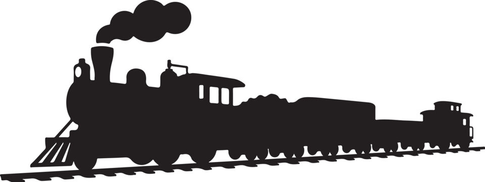 Vintage steam locomotive, black silhouette, train icon, railroad transportation