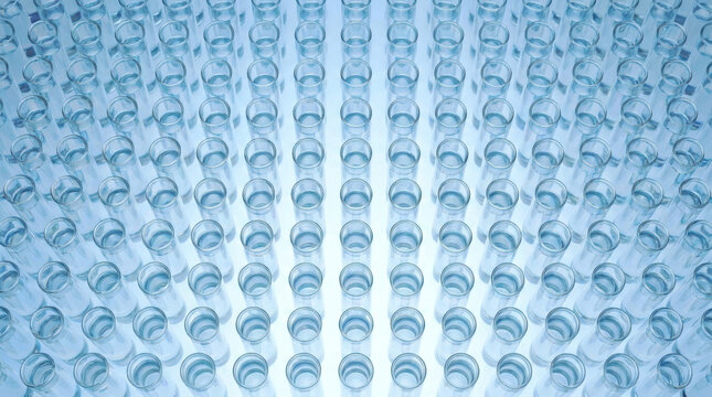 Test tube with clear liquid arranged in rows on reflective surface, showing scientific and laboratory equipment for research and analysis