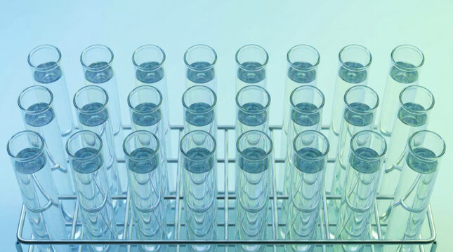 Test tubes with clear liquid in metal rack for laboratory research and scientific experiment in medical or chemical analysis
