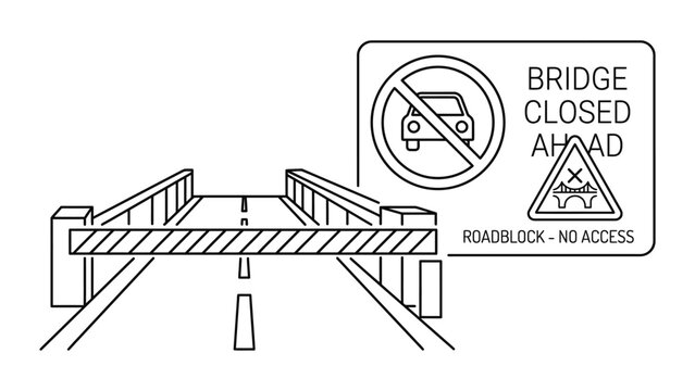 Illustration of a bridge closed ahead roadblock sign with no access warning.