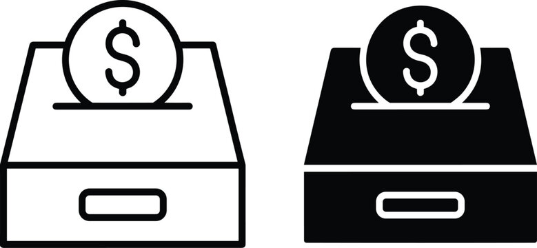 Two donation box icons one outlined and one solid black with coin money dollar