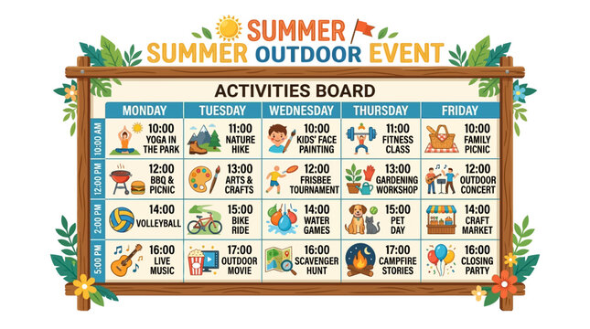 Summer festival  outdoor event Summer outdoor event schedule, activities board, colorful illustration, event planning, daily agenda isolated on White Background Vactor EPS