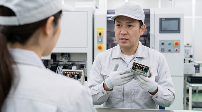 製造業の工場で電子機器の品質管理について後輩にOJT指導を行う日本人男性作業員。現場での研修風景