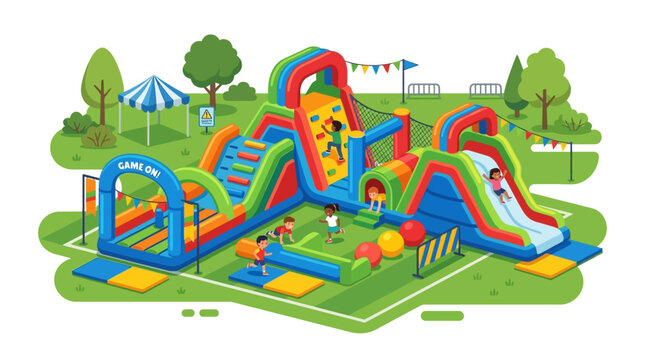 ⁠Flat vector illustration of a green eco-friendly city with electric cars, wind turbines, and solar energy concept⁠ Inflatable playground, kids' obstacle course, colorful bouncy castle