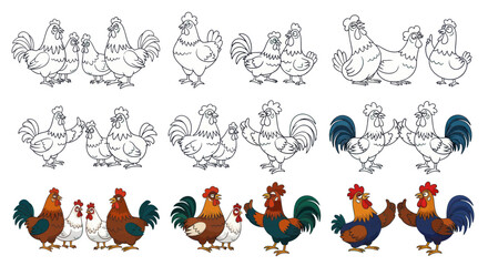 Cartoon roosters and hens collection in various styles and poses © Windul