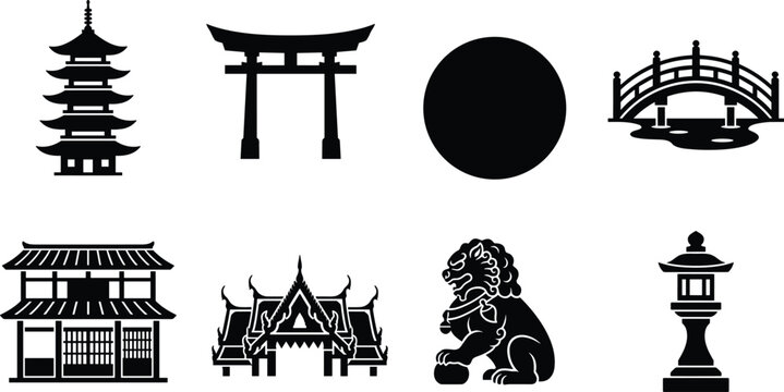 Traditional Japanese and Asian cultural elements silhouette icons set featuring pagoda torii gate temple and foo dog lion