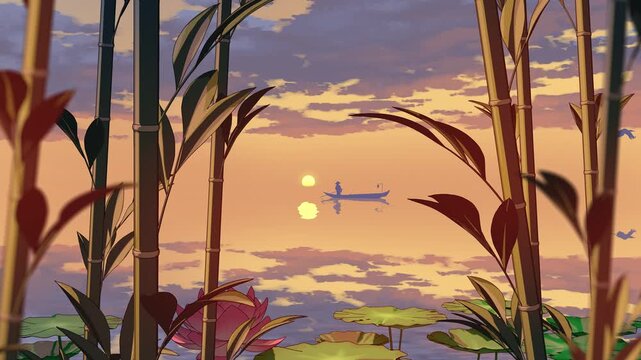Sunset on the lake - stylized seamless loop 4K