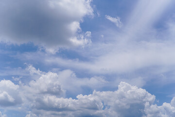 Fototapeta premium Expansive Blue Sky Filled with a Beautiful Array of Fluffy White and Layered Gray Clouds