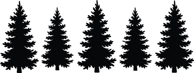 A row of five identical black silhouette pine trees isolated on a white background, representing evergreen forest foliage and nature © Sabbir