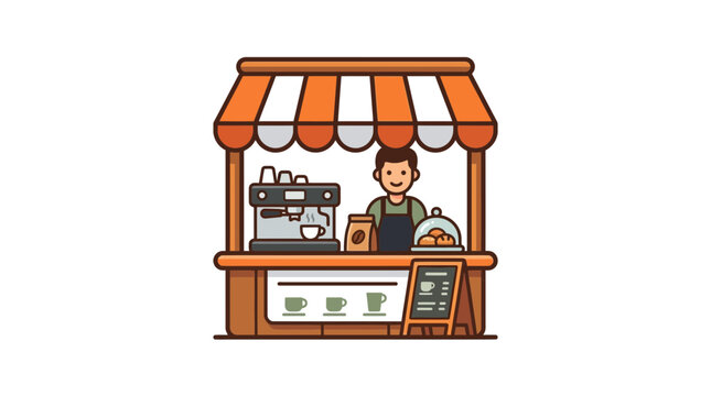 Barista at Coffee Stand Making Drinks with Espresso Machine and Pastries