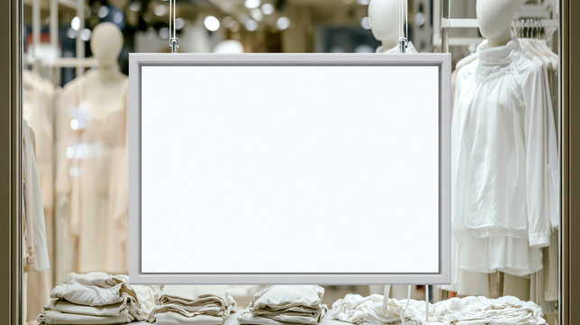 Blank poster retail store clothing shop blank frame sale campaign white canvas fashion display interior design