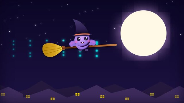 Cute Cartoon Witch Flying on Broomstick Under Full Moon Night Sky Animation.