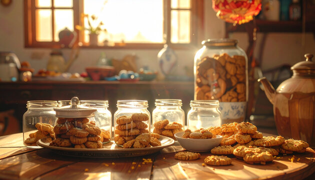 Assorted homemade cookies in glass jars on sunlit wooden table