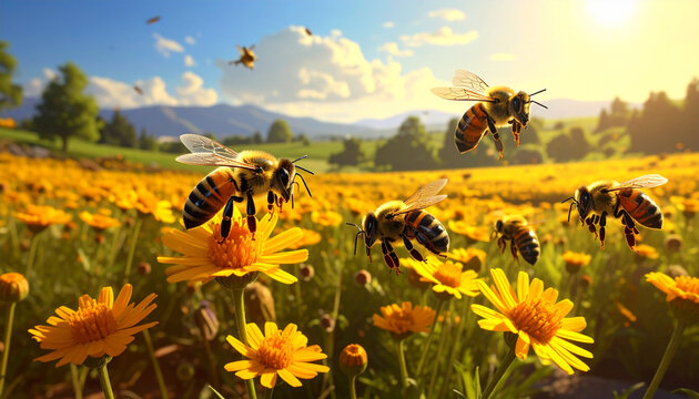 Honeybees flying over yellow wildflowers in a sunny summer meadow