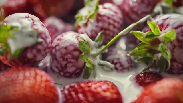 Fresh strawberries with green leaves lie in a bowl of yogurt. The texture and seeds of the berries are visible. A dessert idea using fresh seasonal berries