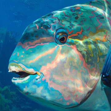 Close-up of colorful Parrotfish swimming in tropical coral reef