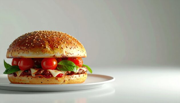 Gourmet hamburger with fresh ingredients on a plate.