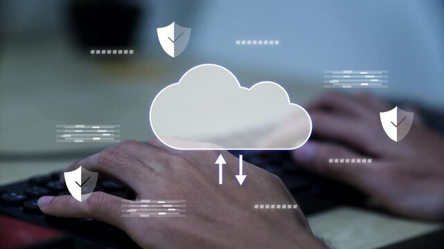 Cloud security technology with secure cloud storage, encrypted data transfer, cloud computing, backup protection, cybersecurity, digital infrastructure, and enterprise network security concept.