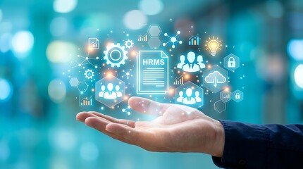 Fototapeta premium Human resources management icons floating above a hand