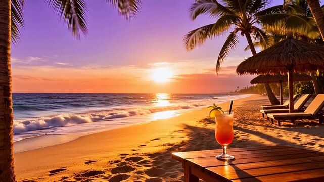 Beach sunset with cocktail and lounge chairs