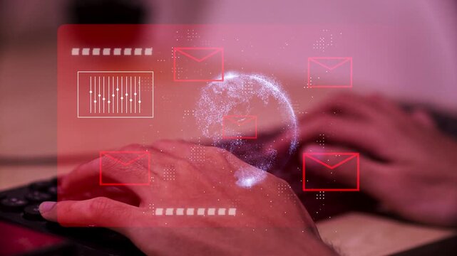 Cyber security awareness concept showing an email inbox with spam or virus alerts, warning signs for suspect emails, junk mail, and internet security.