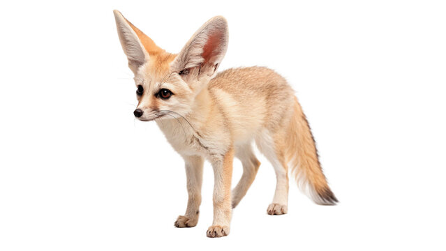 Cute fennec fox with big ears sitting looking forward isolated on transparent background