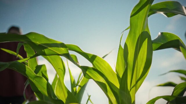 Idea of crop monitoring green corn stalks rise between rows, farmer in farm clothes walks through field, inspecting young corn cobs under bright agricultural light, concept of crop growth tracking