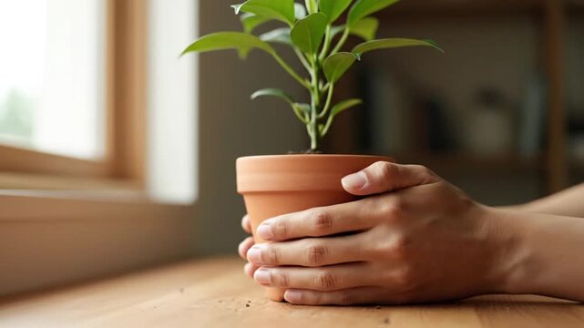 Person's hands tending small green plant in terracotta pot