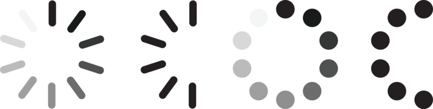 Loading bar icons, progress bar loading signs, collection loading status bar in different design. Black and grey circular loading spinner icon isolated on
