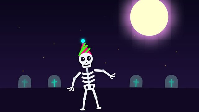 Animated Skeleton Dancing in a Graveyard Under a Full Moon.