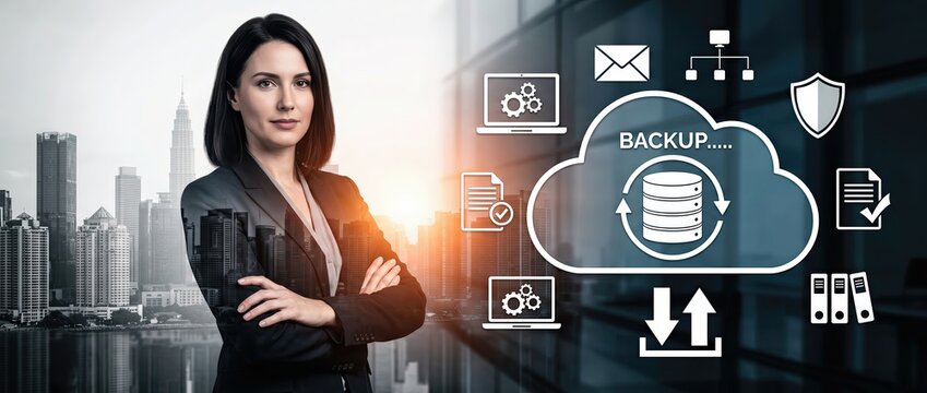 Professional businesswoman in modern office with cloud backup concept illustrating data management and technology solutions in a corporate environment
