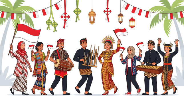A vibrant illustration showcases a diverse group of Indonesian people in traditional attire, proudly celebrating their rich cultural heritage and national unity.