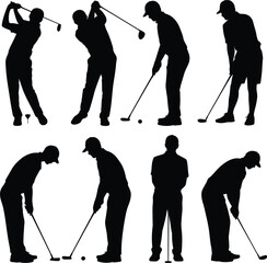 Naklejka premium Set of black silhouette depicting a golfer in various stages of a golf swing, putting, and stance for sports and fitness