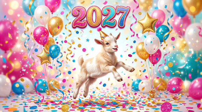 Cute baby goat jumping joyfully among colorful balloons and confetti with 2027 text