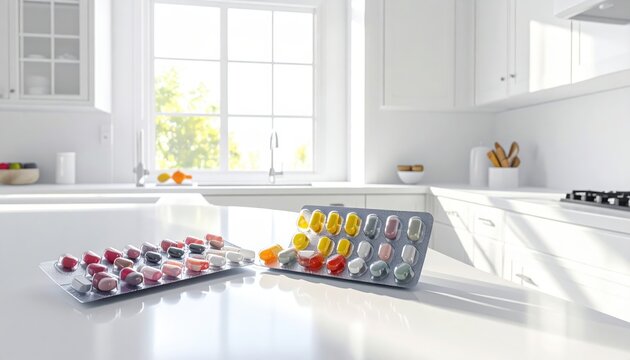 Daily Medication Dispenser Sorted for Health Routine on Kitchen Countertop