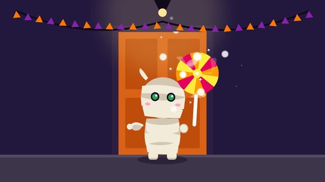 Cute Cartoon Mummy Character Holding a Colorful Lollipop for Halloween Celebration.