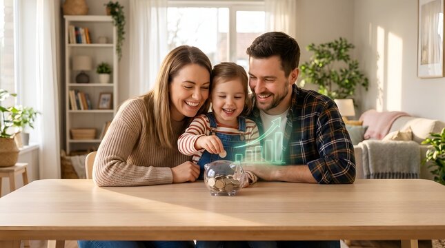 (Parents and young daughter putting coins into a smart piggy bank with a holographic growth graph
