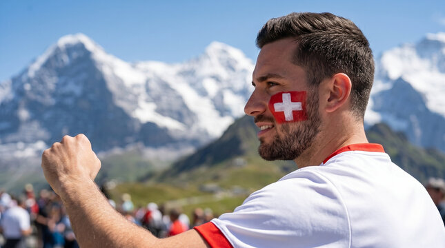 Swiss football fan with flag face paint watching world cup match with alpine mountains