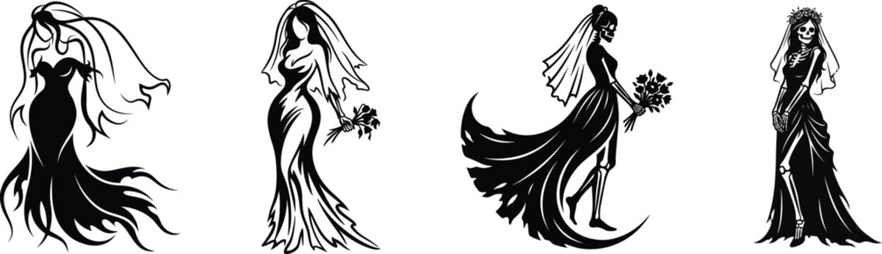 Spooky ghost bride and skeleton bride silhouettes in tattered wedding dresses for halloween vector art.
