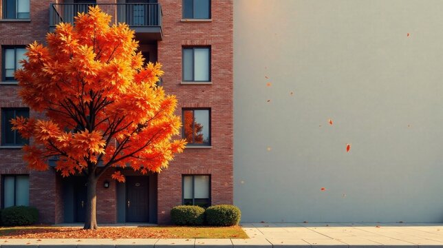 Autumnal foliage graces a brick building's facade, leaves gently falling on a tranquil autumn day.