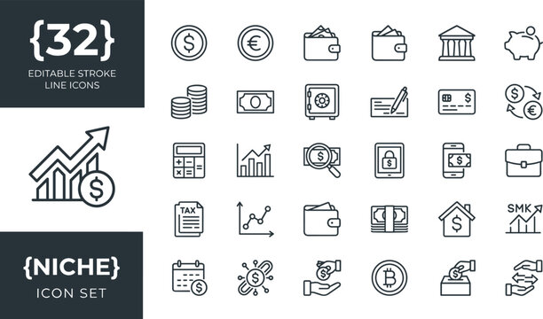 Finance and Banking Editable Stroke Outline Icon Set with Fintech Payments Investment and Money Management Vector Collection