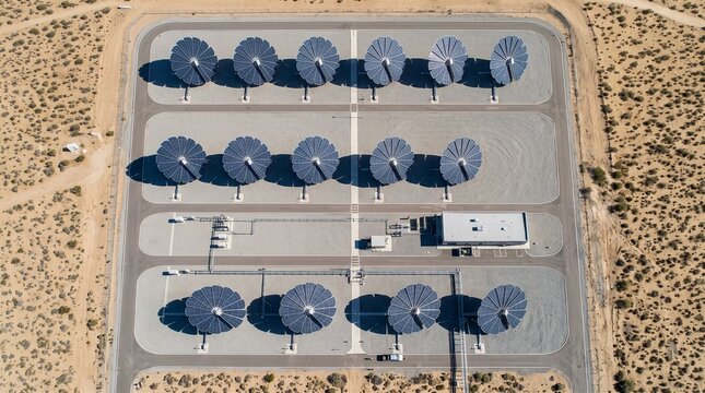 Direct Overhead Aerial View of a Concentrating Solar Power Array Featuring Parabolic Dish Stirling Engines in a Desert Facility