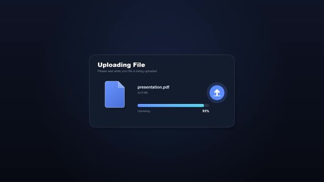 Modern file upload interface with progress bar on dark background
