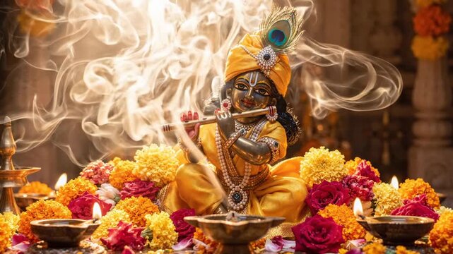 Lord krishna idol playing flute amidst swirling incense smoke and colorful flowers in a warm golden temple.
