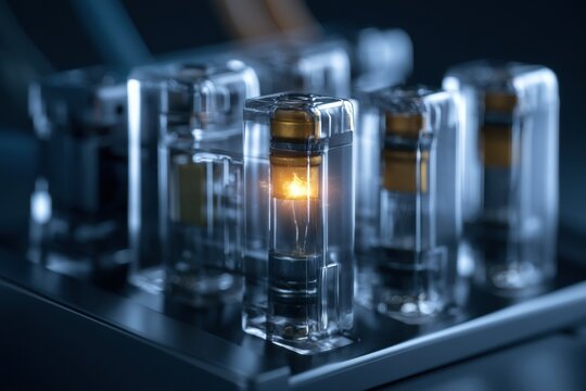 Cinematic 3D Render Shows Electrical Fuse Box With One Blown Fuse and Surrounding Fuses Intact on Dark Background With Dramatic Lighting