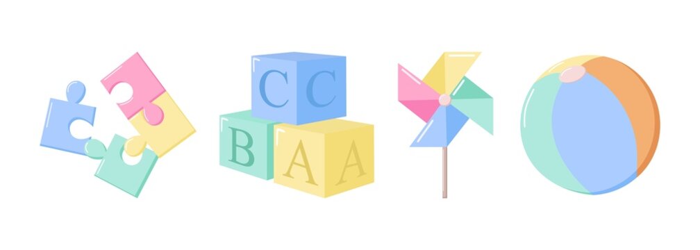 Playful kids toys illustration puzzle pieces, ABC blocks, colorful pinwheel, and beach ball, perfect for education, childhood design