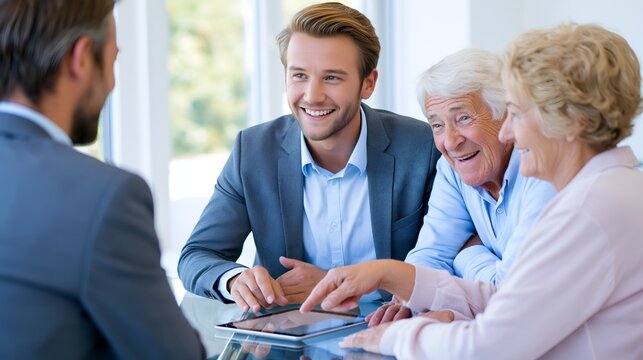 A young financial advisor explaining a secure investment portfolio plan to a retired senior couple